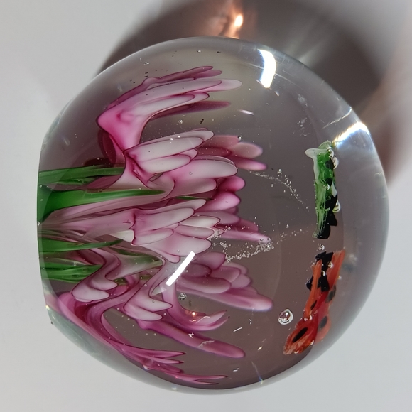 2" Art Glass Paperweight with Pink Flower And Butterflies - Picture 7 of 9
